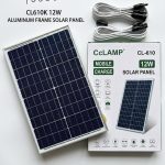 Panneau solaire portable CcLAMP CL-610 de 12W avec cadre renforcé en aluminium, câbles et connecteurs inclus. Idéal pour la recharge mobile et les petites applications solaires. Prix : 10 000 FCFA.