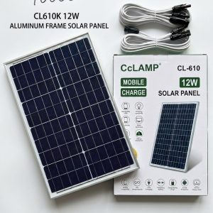 Panneau solaire portable CcLAMP CL-610 de 12W avec cadre renforcé en aluminium, câbles et connecteurs inclus. Idéal pour la recharge mobile et les petites applications solaires. Prix : 10 000 FCFA.