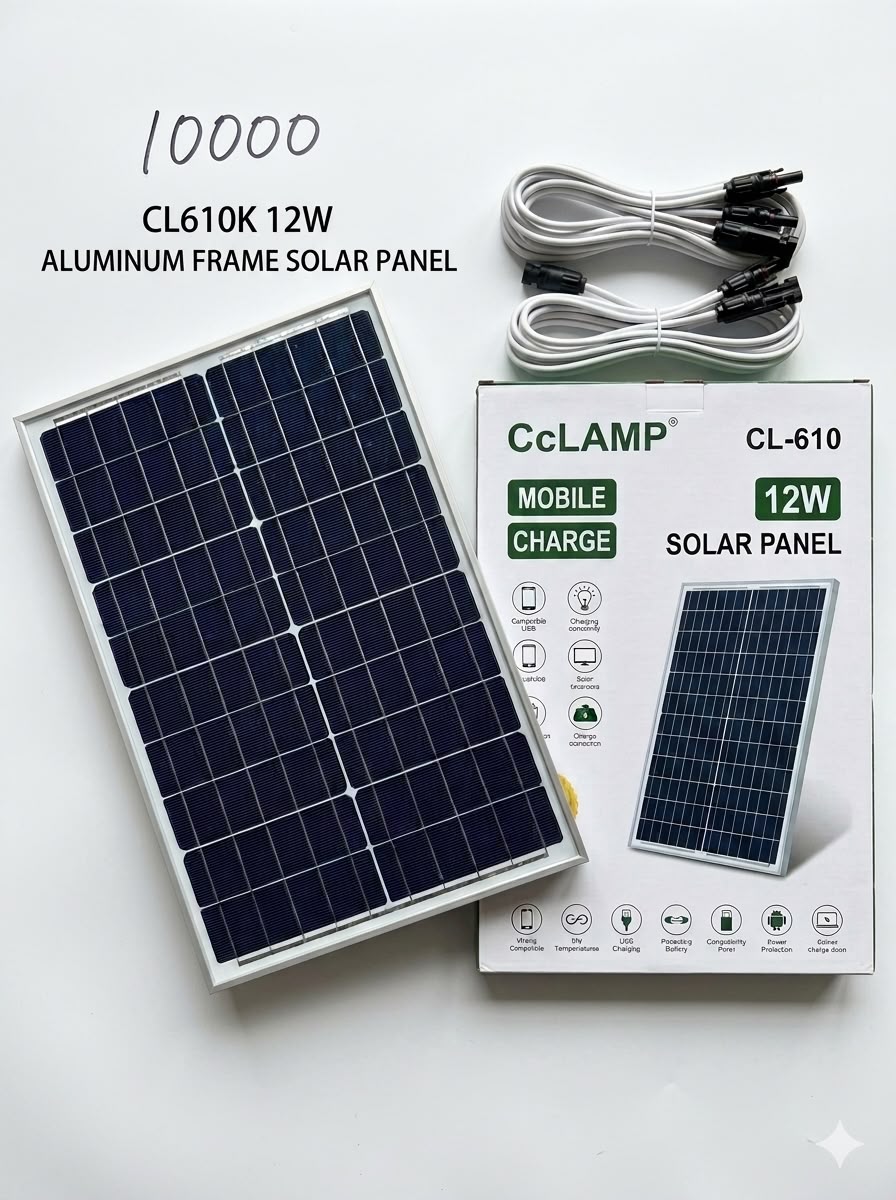 2bd69001-f22b-4f7b-a06d-fde611e246de (1) Panneau solaire portable CcLAMP CL-610 de 12W avec cadre renforcé en aluminium, câbles et connecteurs inclus. Idéal pour la recharge mobile et les petites applications solaires. Prix : 10 000 FCFA.